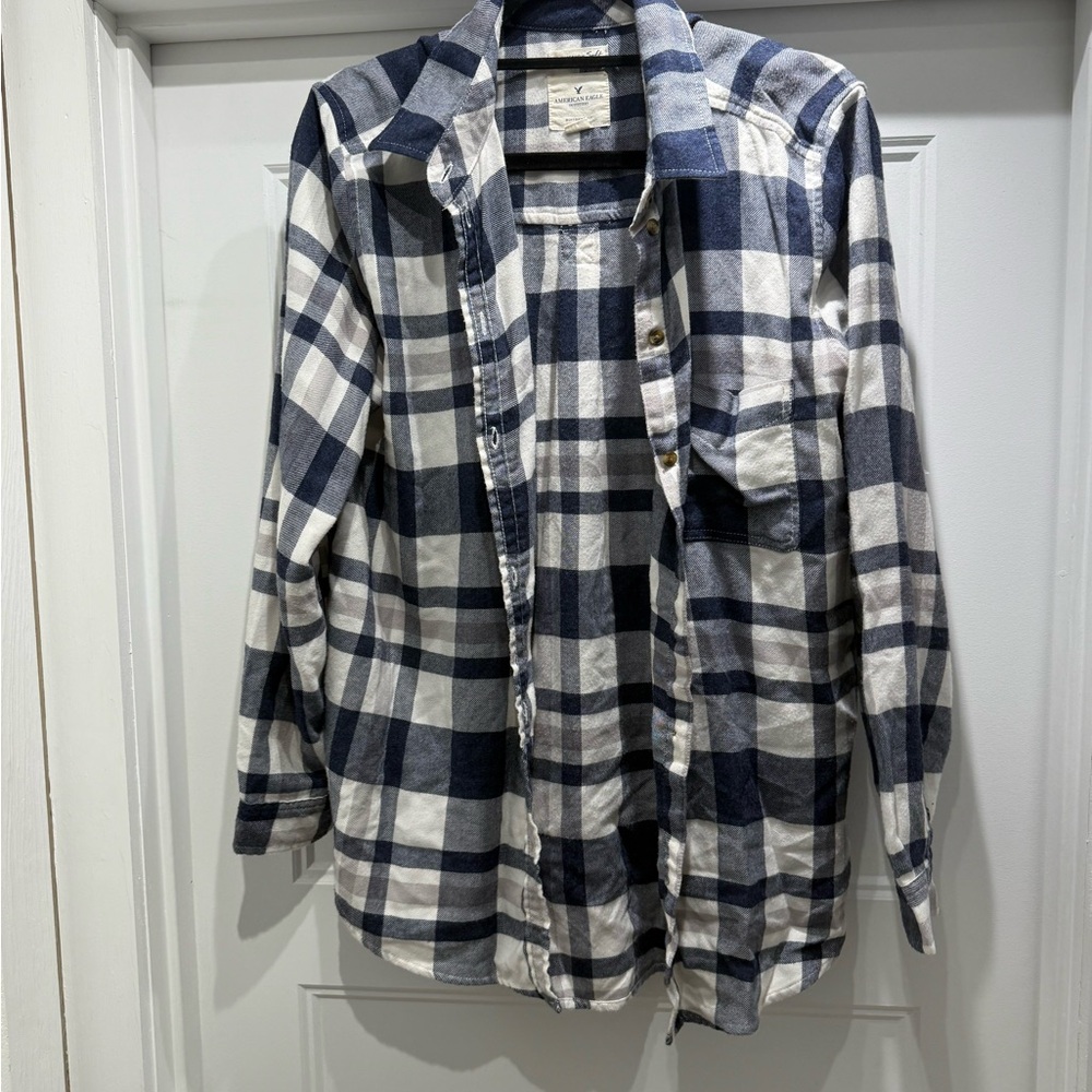 Women’s Navy and White Plaid Shirt